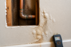 Leaking copper pipe joint inside an interior wall causing damp drywall and bubbling paint beside a moisture meter