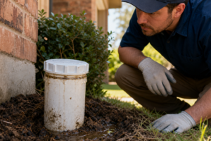 Closed outdoor sewer cleanout leaking water around the cap and base